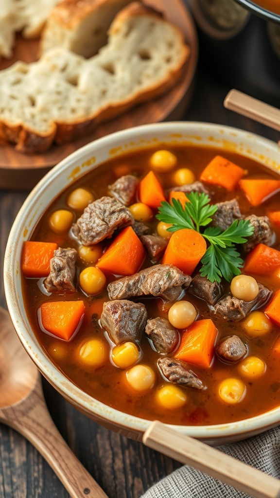A bowl of beef and chickpea stew with carrots and parsley, served with bread in a cozy kitchen.